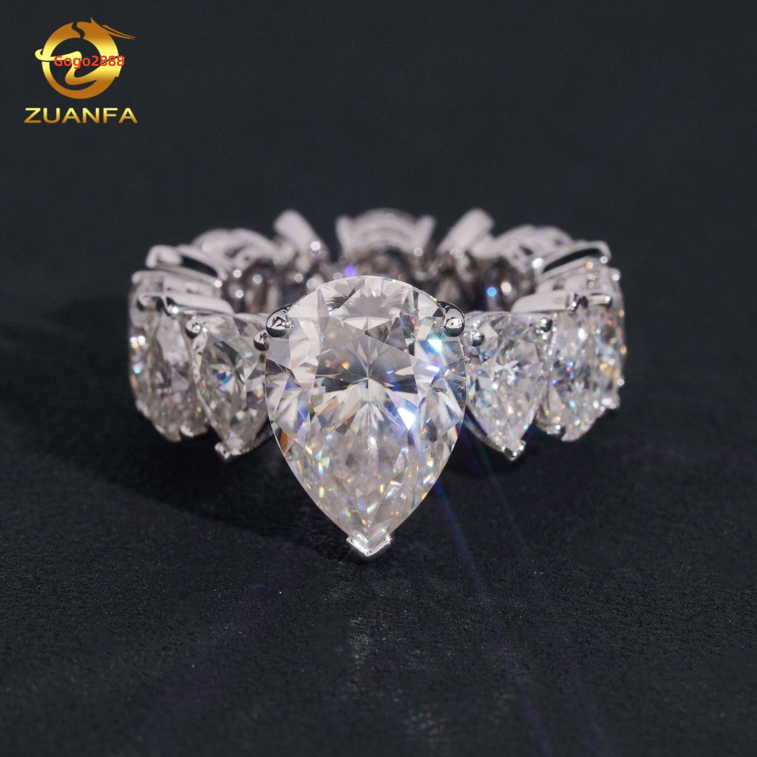 Top Quality GRA Certificated 10k Real Gold Full Eternity Hip Hop Pear Cut VVS Moissanite Ring
