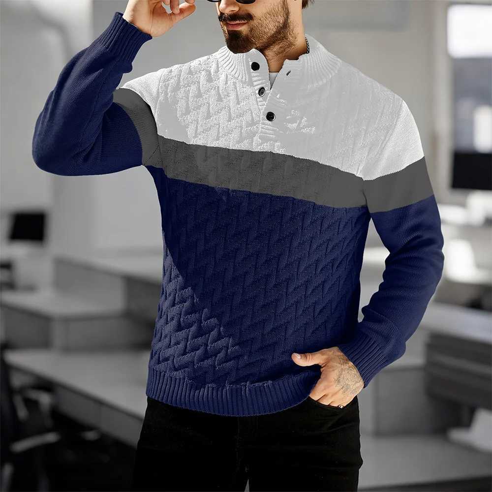 Mens Sweater Autumn Warm Contrasting Color Shawl Collar Pullover Long Sleeve Fit Casual Cable Knit Tops US SizeT251103