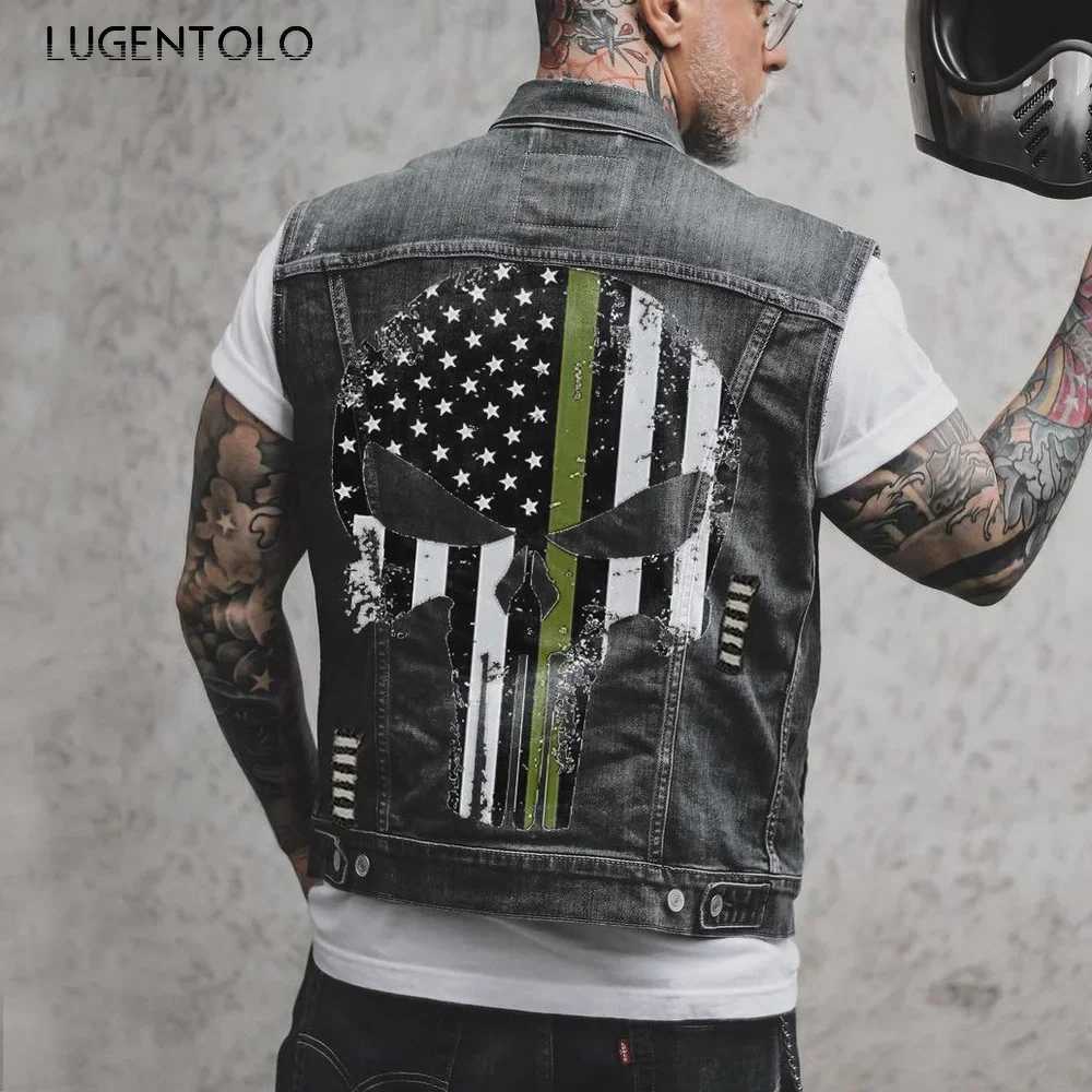 Skull Jean Jacket Men Motorcycle Denim Vest Large Size Spring Summer Streetwear Waistcoat X250403