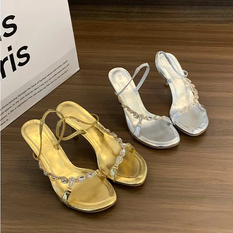 Sleek Strap High Heels Womens Spring Open Toe Rhinestone Sexy Gold Back Strap Stiletto Shoes round Toe Polyurethane Rubber 251030