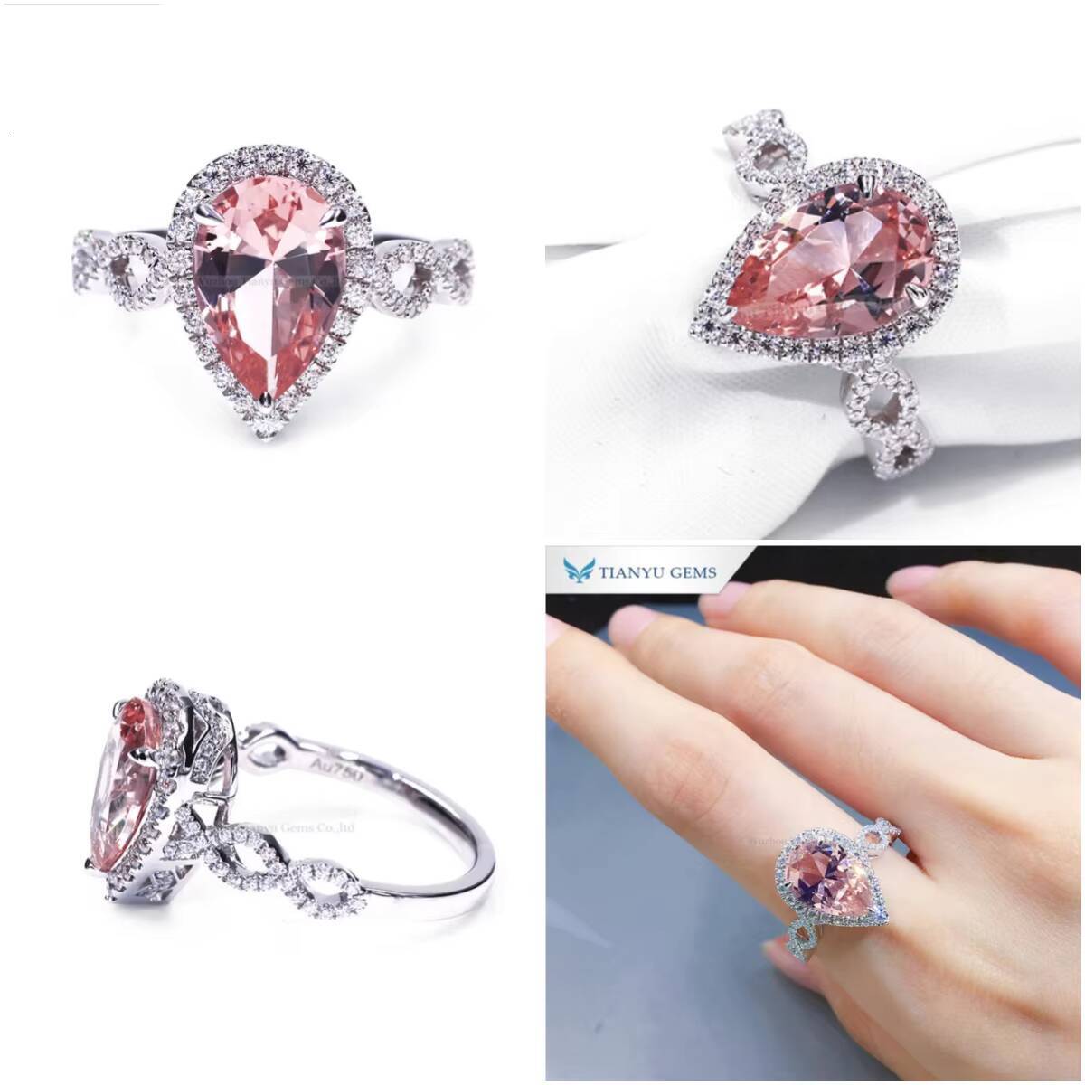 Tianyu Gems Solid Gold Jewelry Custom Made Pear Shape Pink Lab Morganite Moissanite White Gold Wedding Engagement Ring for Women