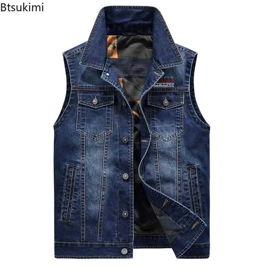 New Mens Denim Vest Fashion Print Hip Hop Cowboy Waistcoat Multi-pocket Casual Motorcycle Style Sleeveless Jeans Jacket for Men X250403