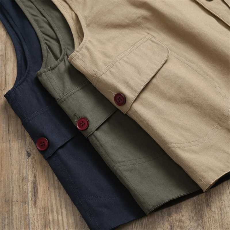 Sw191021 Men Cargo Canvas Waistcoat Cotton Pocket Khaki Vintage Hunting Outdoor Camping Simple Fashion Sport Solid Color Vest X250403