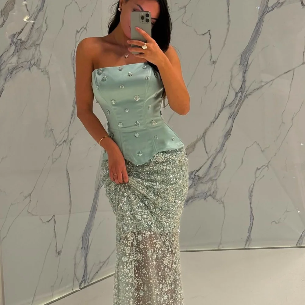Customize Green Beaded Mermaid robes de Strapless Sleeveless Prom Dresses Floor-Length Pearls Wedding Dress