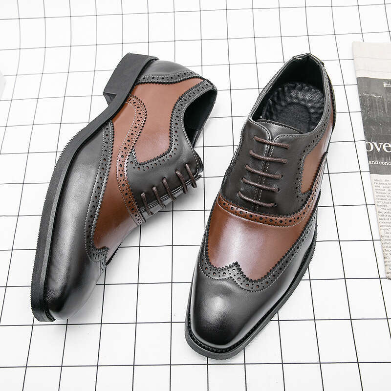 Spring New Fashionable Outdoor Trendy Large Size 48 Color Block Carving Pointed Leather Shoes