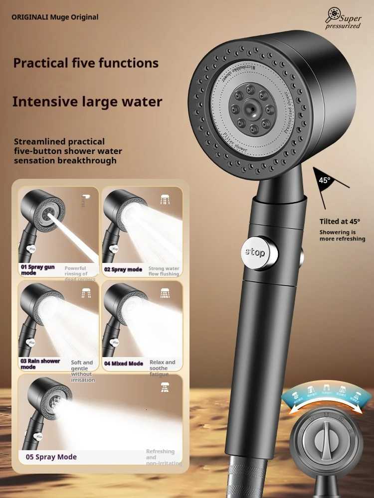 New High Pressure Water Saving Filter Shower 5 Modes Handheld Shower One Button Stop Bathro Accessories Set Y251103qw