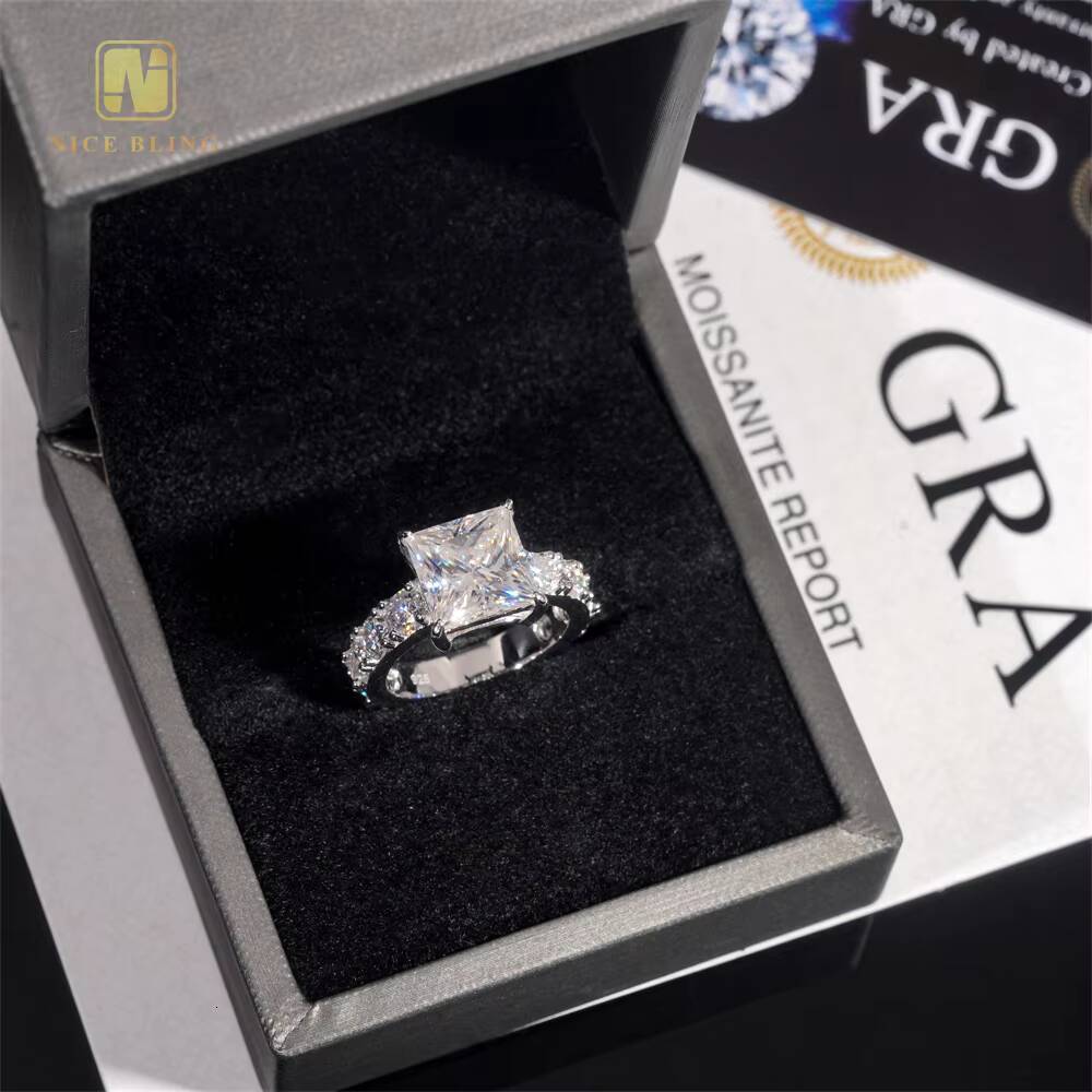 3 Cts Thick Band GRA Certificate 925 Silver Iced Out Princess Cutting Moissanite Diamond Engagement Wedding Band Solitaire Ring