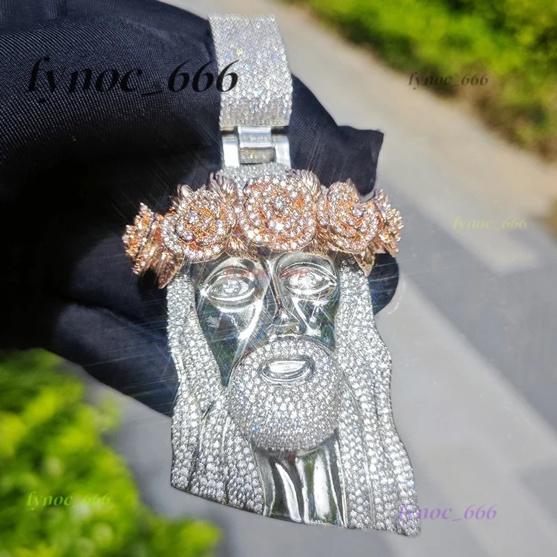 Hip Hop Moissanite Paved Bling Ice Out Rose Flower JESUS PIECE Pendants Necklaces for Men Rapper Jewelry Gold Silver Color