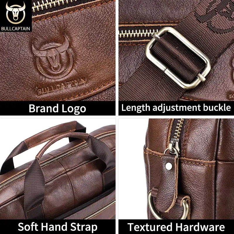 BULLCAPTAIN Briefcase Shoulder Messenger Bags Mens Genuine Leather 14inch Laptop Office Business Handbag 251103