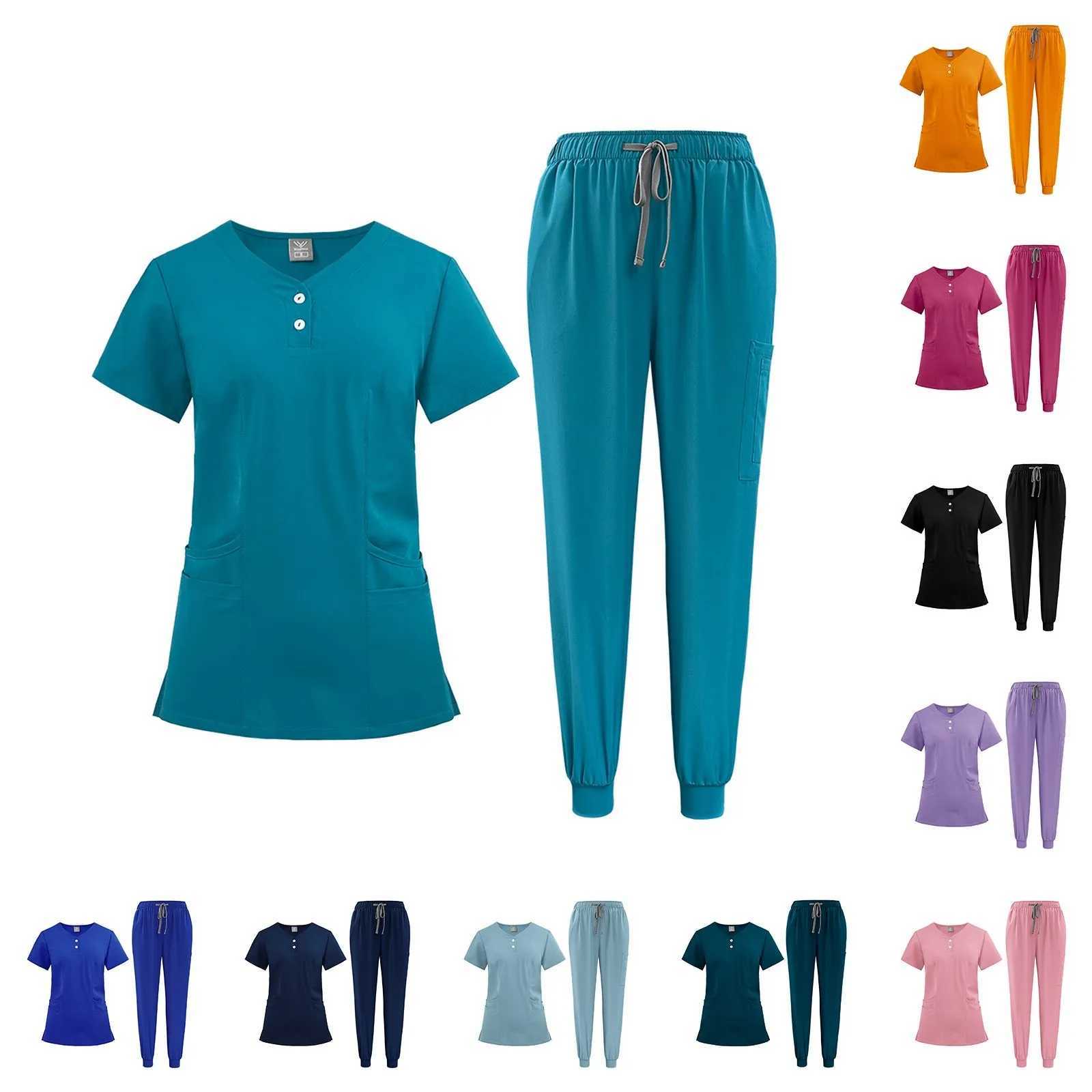 WomenS Nurse Uniform QuickDrying Fabric Solid Color VNeck Button Pocket ShortSleeved Trousers Suit Nursing Work Clothes J251103