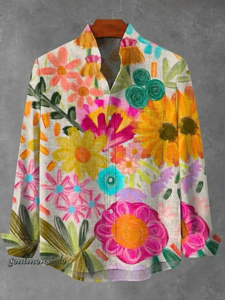 2025 SpringSummer Mens Fashion Stand Collar Linen Long Sleeve Elegant Fragmented Pattern Printed Top 250403