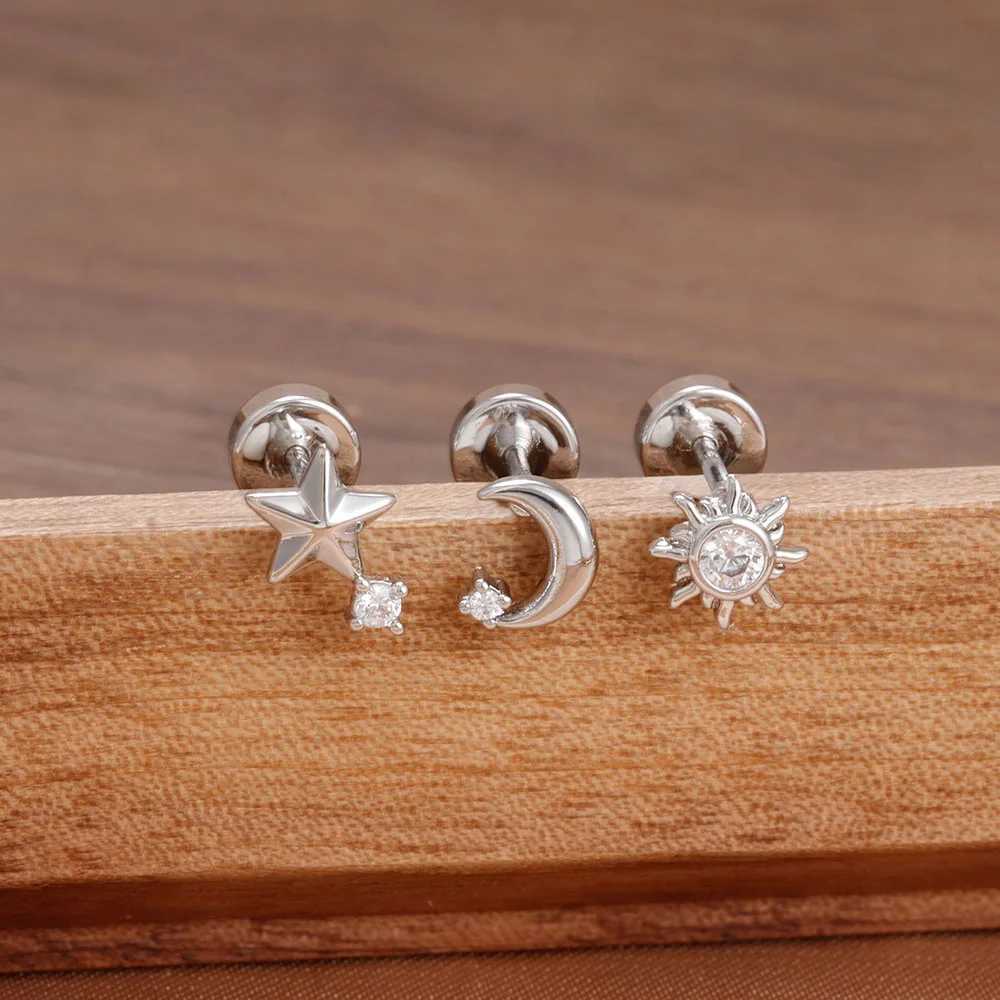 3PCS New Arrival Zircon Star Moon Sun Piercing Earrings Set for Women Simple Stainless Steel Ear Stud Earring Daily Wear Jewelry C251103
