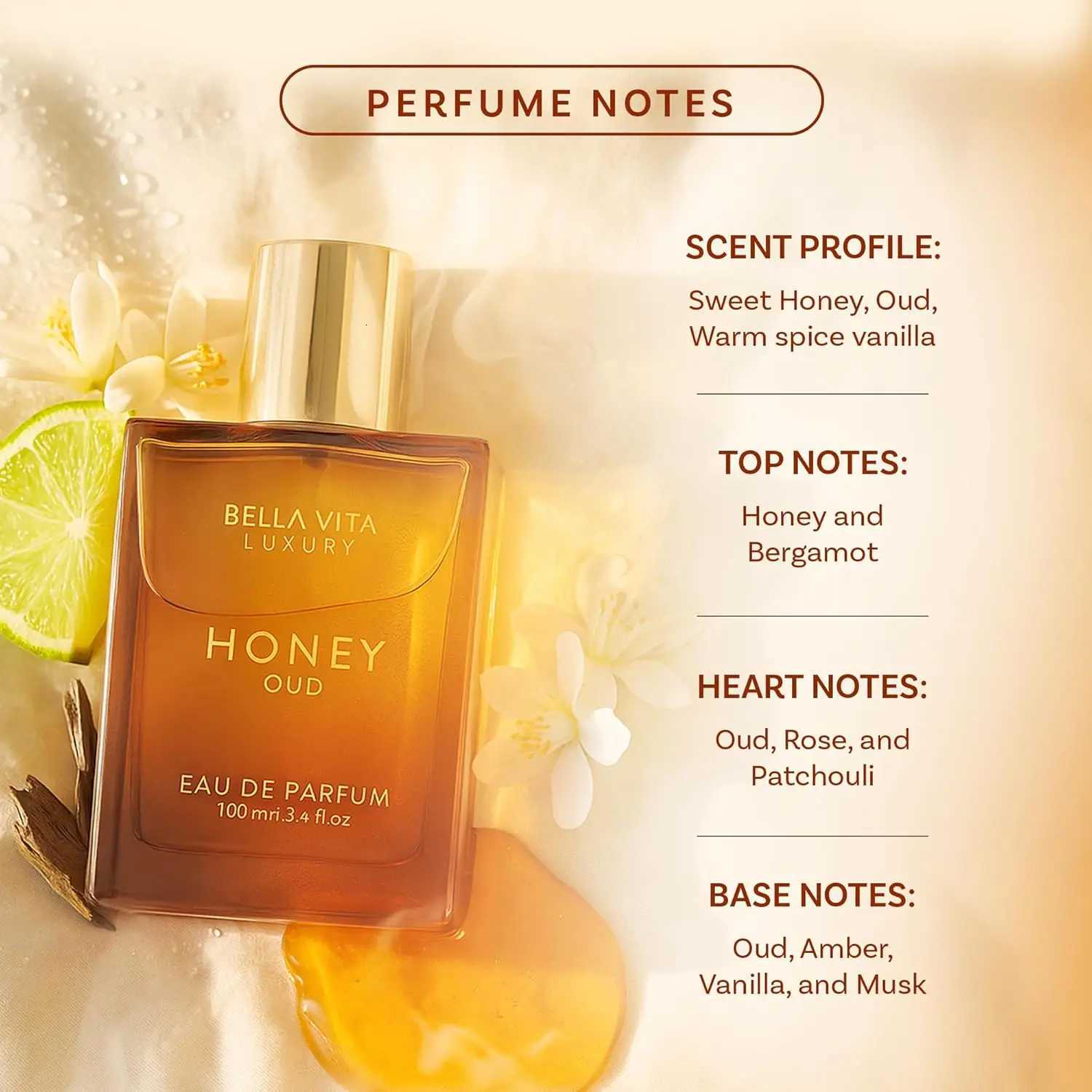 BellaVita Luxury Honey Oud EDP 34oz 100ml Warm Sweet Amber Vanilla Long Lasting Unisex Perfume Ideal Holiday GiftXJ251103