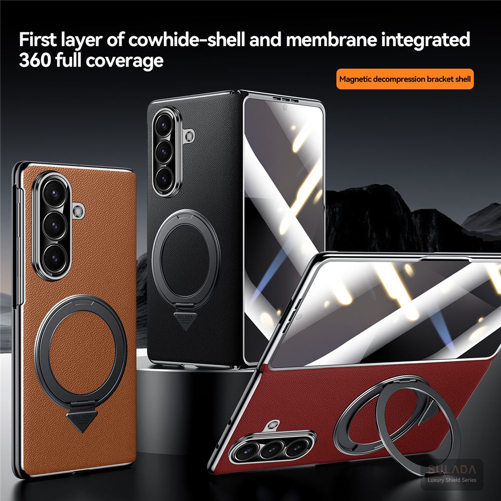 Luxury Cowhide Leather Glass Film Case For Samsung Galaxy Z Fold7 Magsafe Cover