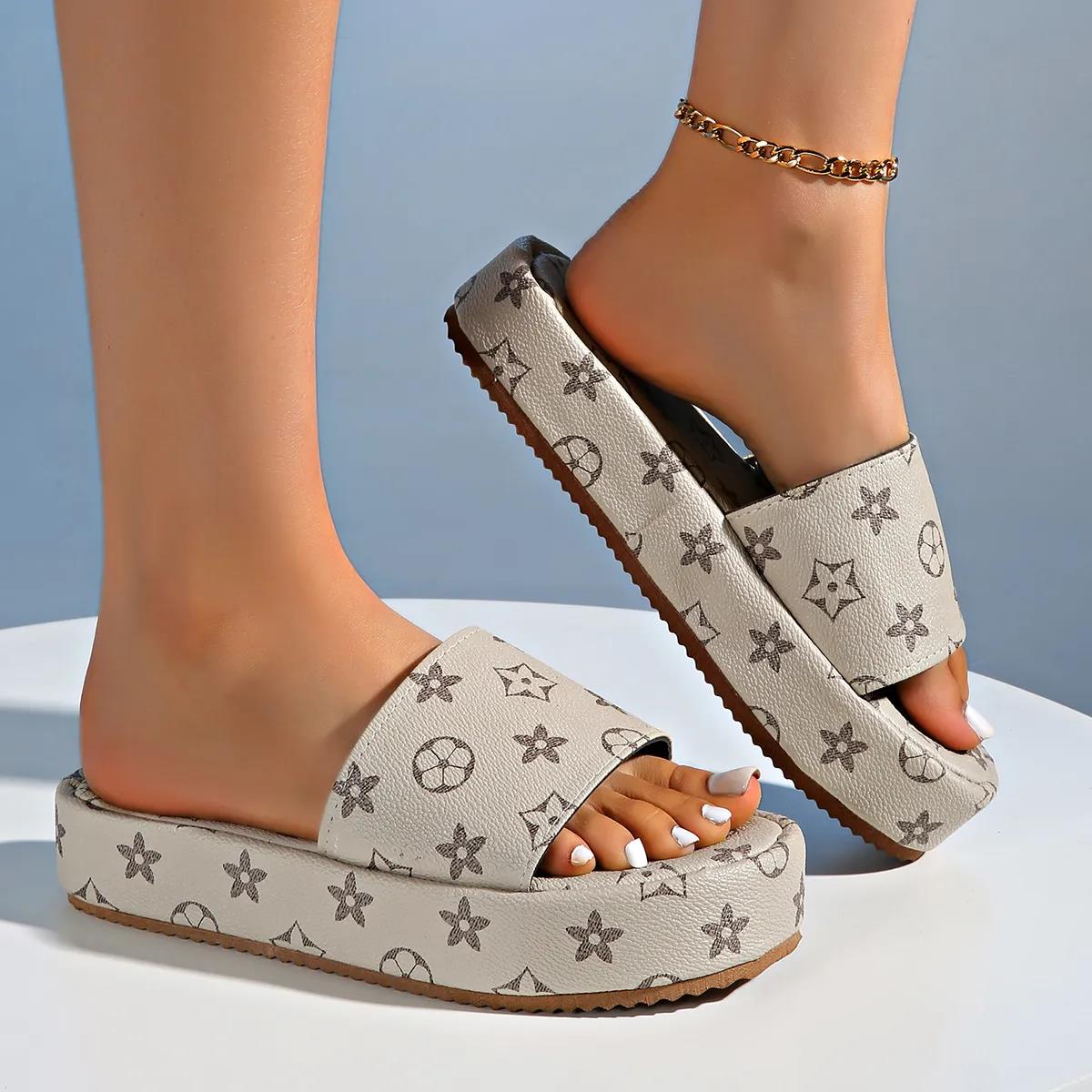 Designer slipper womens fashion embroidered canvas Flat Mules Platform Embroidered Linen High Heel Sandal platform sliders Shoes
