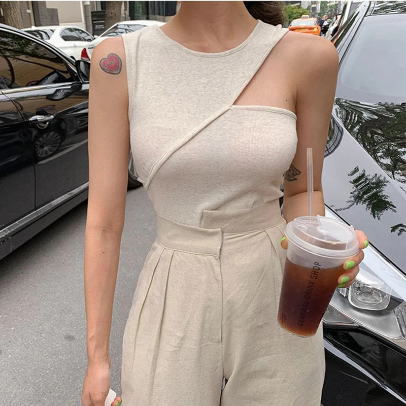 Oneck summer knitted sleeveless sexy basic Tshirt white shoulder strap black vest casual 2025 250403e