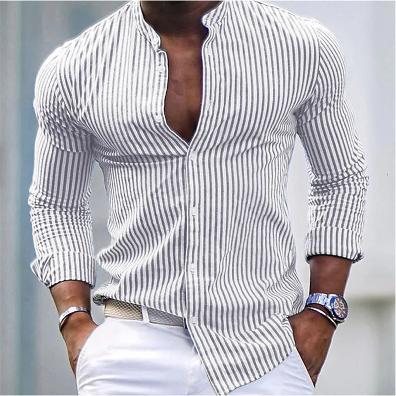Mens button up shirt summer beach long sleeved striped stand collar Hawaiian holiday printed clothing fashionable classic casual 250403e