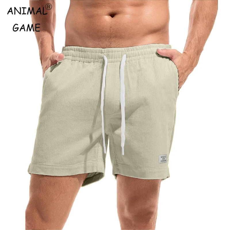 Summer mens Corduroy shorts with elastic waist casual beach outdoor breathable pants lightweight streetwear 250403e