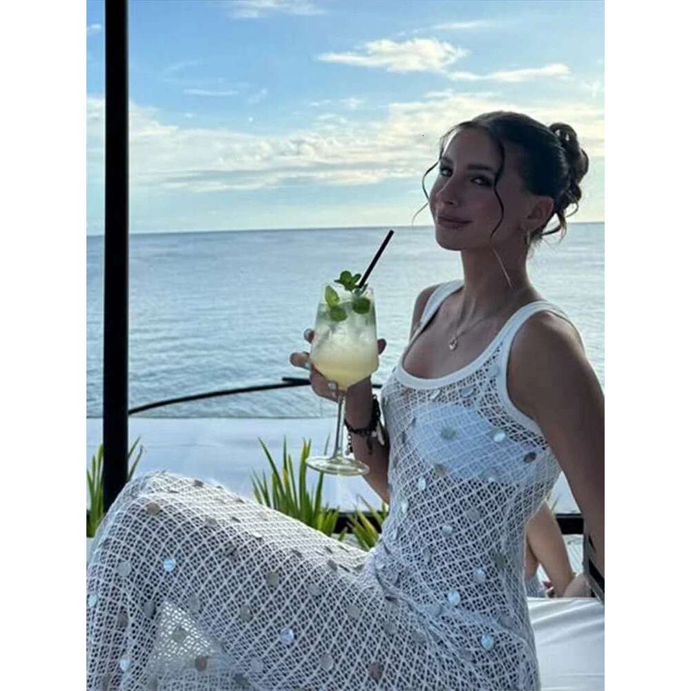 Women's Wear Sexy Hollow Out Sequins Crochet Long Dress Women Sleeveless O-Neck See Through Slim Glitter Cover Up 2025 Summer Beach Swimwear