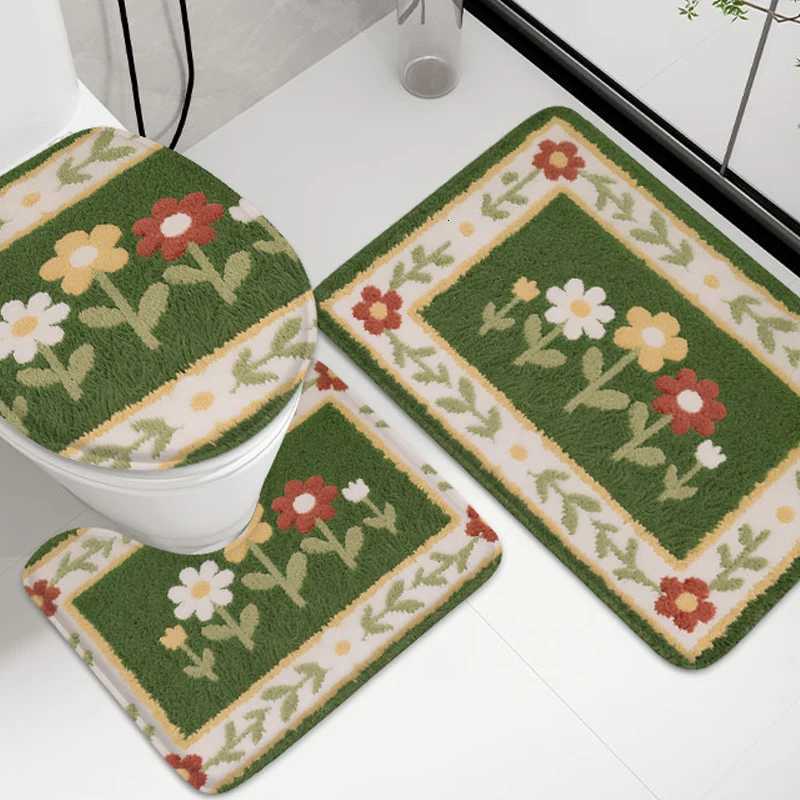 3pcs plant flower home door mat U-shaped toilet floor mat shower room carpet toilet anti slip pad absorbent pad flannel carpet C251103