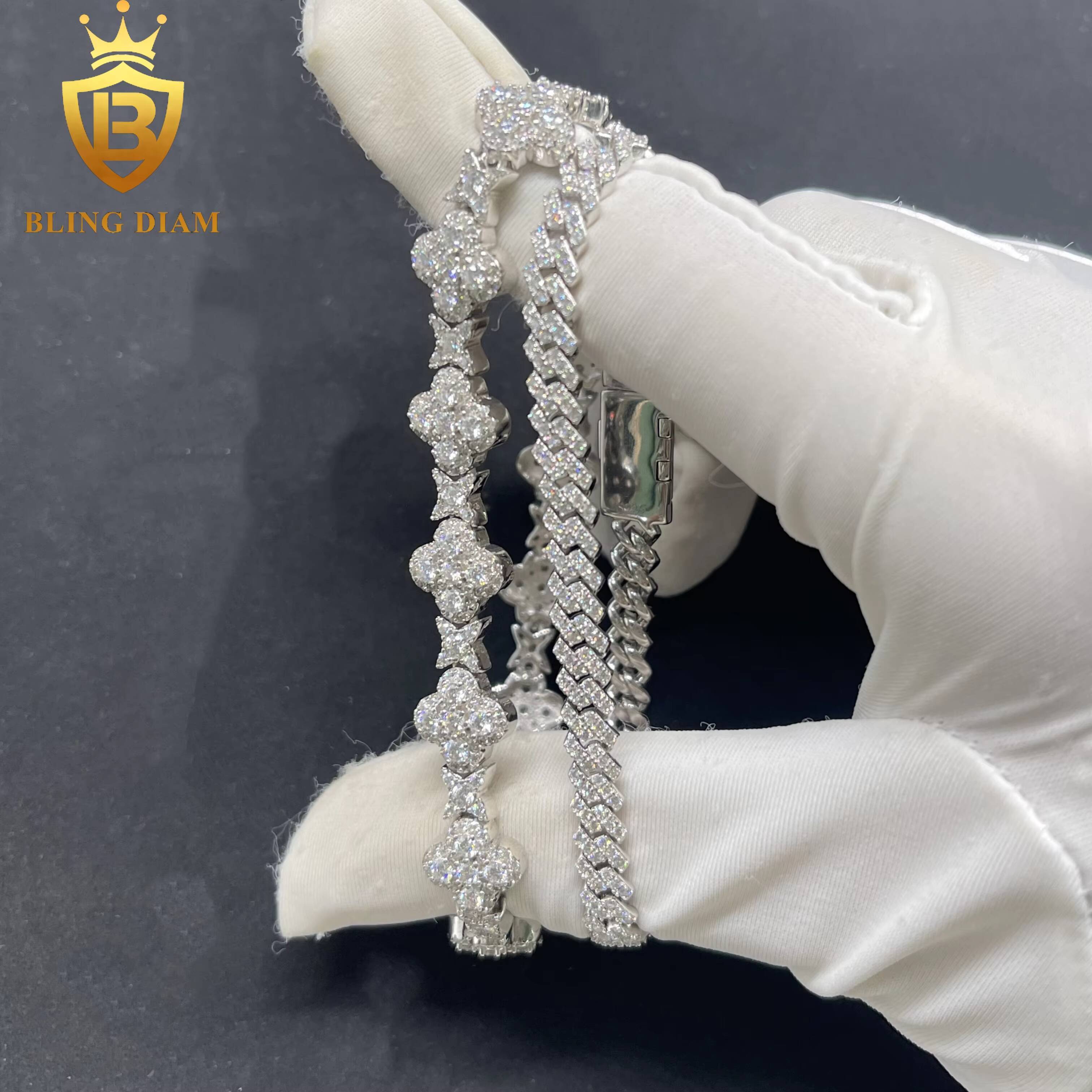 Iced Out Hip Hop Jewelry 925 Sterling Silver Vvs Moissanite 5mm Cuban Link Chains 10mm Flower Cross Bracelets for Men