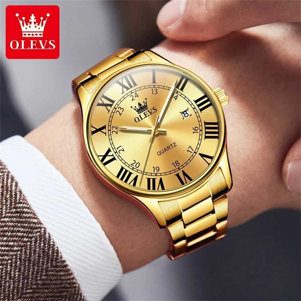 OLEVS Luxury Roman scale Mens Watches Gold Stainless steel Date Quartz Watch for Male Waterproof Fashion Luminous WristwatchW251104