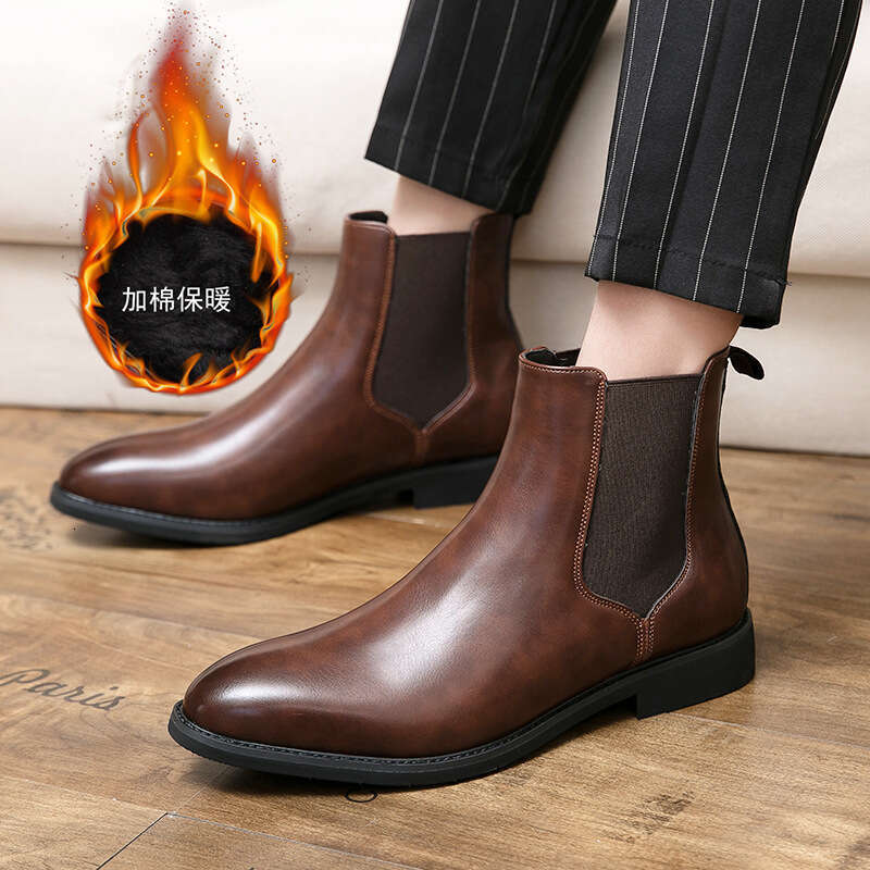 Size 38-48 Chelsea boots, British shoes, winter polished plus velvet high top men's boots