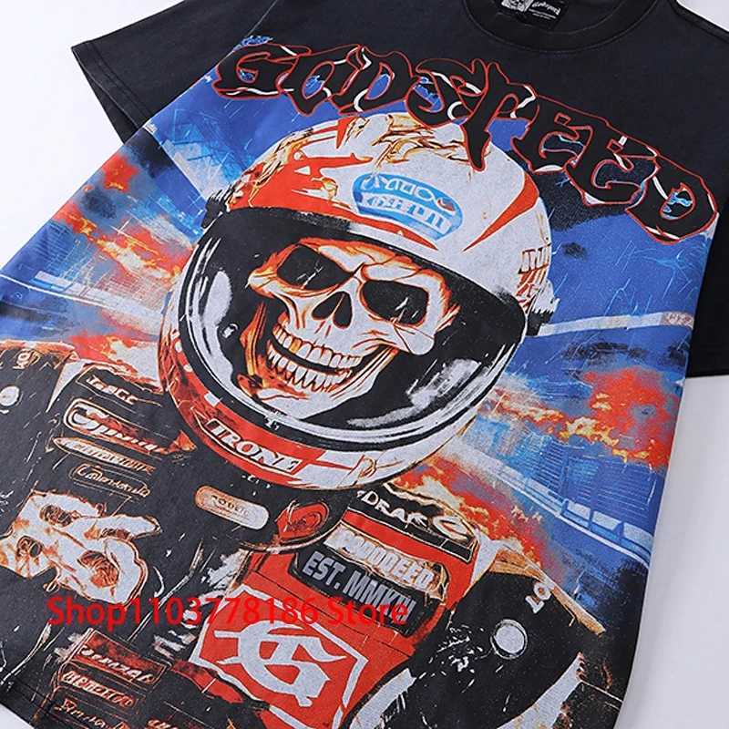 Racing skeleton T-shirt Godspeed short sleeved streetwear original label mens loose casual full matching top T-shirt W250402