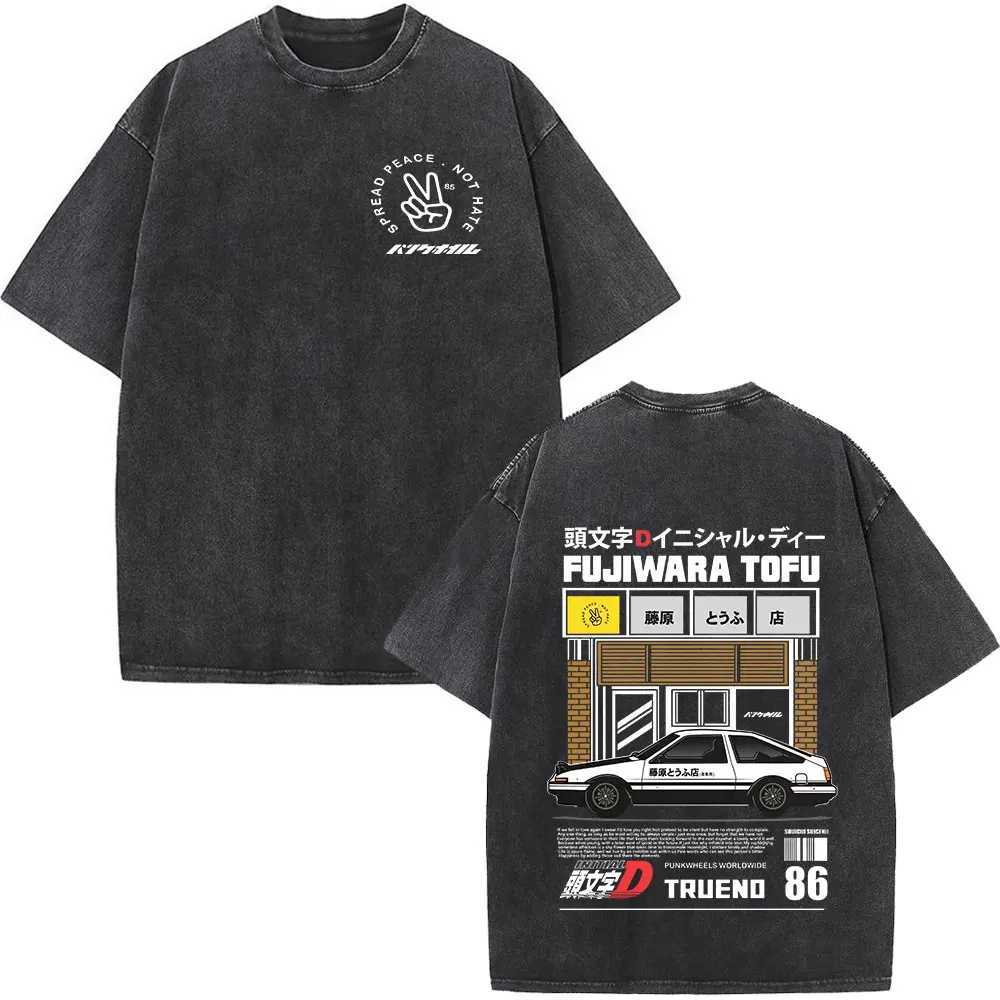 Anime Initial D AE86 Drift Akagi RedSuns Vintage Washed T Shirt Takumi Fujiwara R34 Skyline GTR JDM Race Car Oversized T-shirts X250403