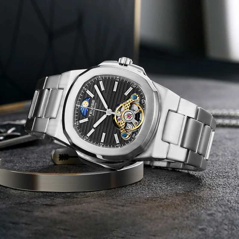 TEVISE New Automatic Mechanical for Men Moon Phase Skeleton Stainless Steel Fashion Waterproof Luminous Hands GiftW251031