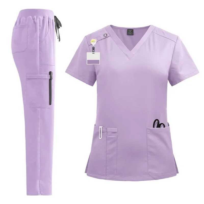 Highquality Nursing Scrubs Uniform Suit Short Sleeve Vneck TopsPants Sets Women Multicolor Pet Medical Workwear Nurse J251103