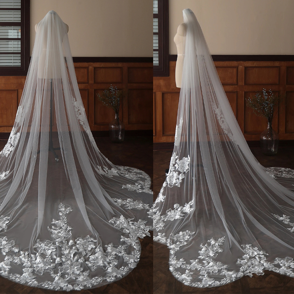 Modern Wedding Veil Flower Appliques Lace Royal Bridal Veil with Comb 3M Long Special Cut Veil White Ivory Wedding Accessories