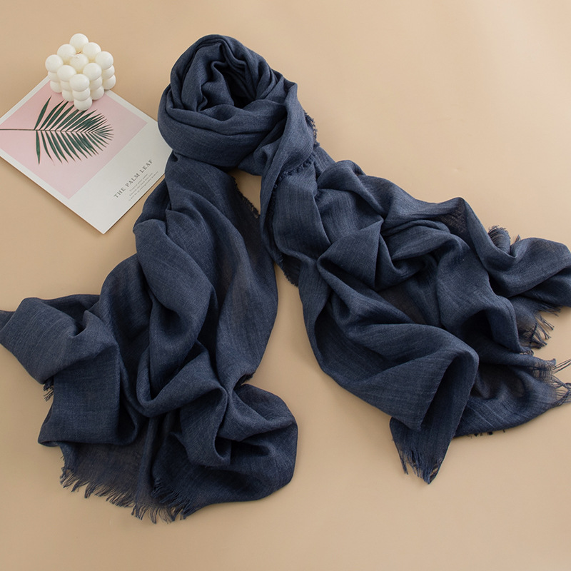 K297 Cross-border solid color cotton and linen scarf for women autumn and winter thin long gauze scarf versatile sunscreen commuting simple fur-edged 