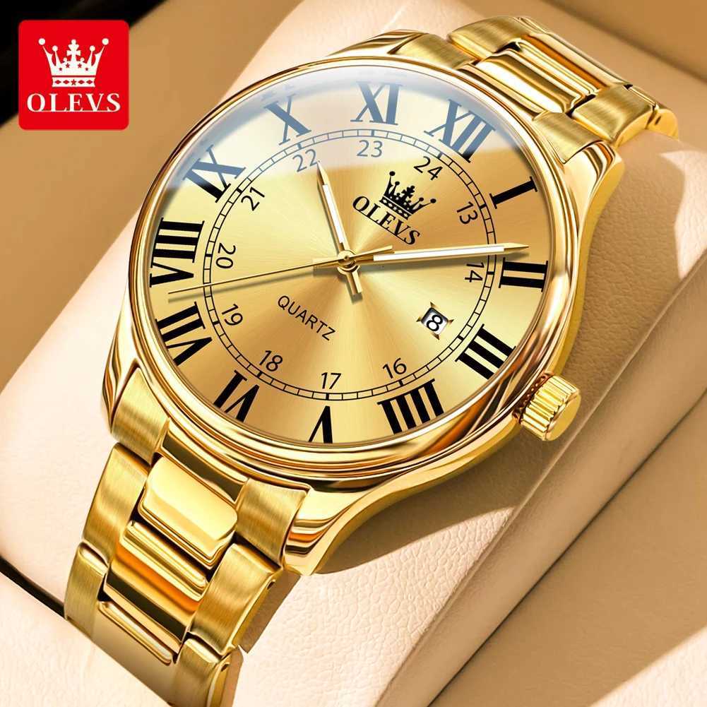 OLEVS Luxury Roman scale Mens Watches Gold Stainless steel Date Quartz Watch for Male Waterproof Fashion Luminous WristwatchW251104
