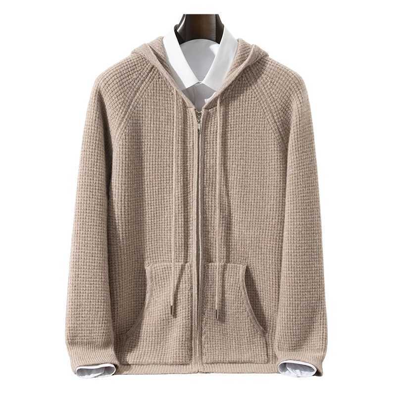 Autumn Winter New 100 Pure Wool Sweater Zipper Mens Cardigan Loose Casual Hooded Pocket Knitted Sweater CoatT251103