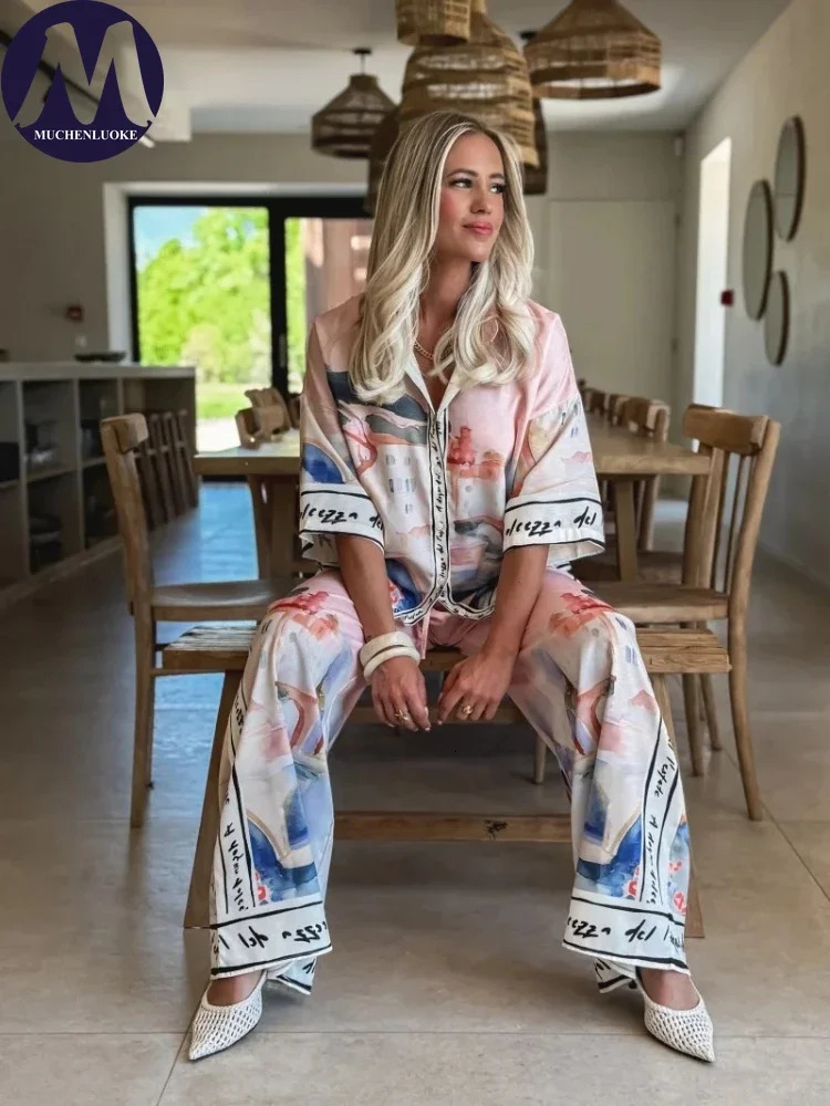 2 Pieces Set for Woman Summer Elegant Printed Half Sleeves Shirt Tops Suits Fashionable Casual Loose Wide Leg Pants Sets 251103