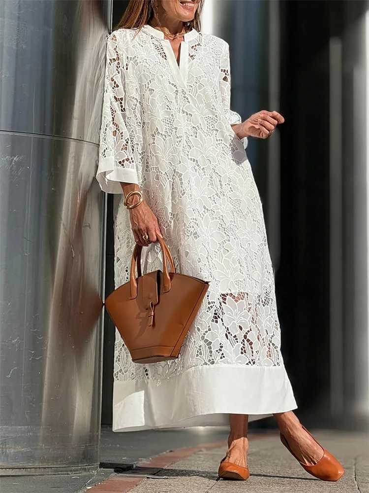 White Embroidery Lace Dress Women Spring Sexy V Neck Hollow Out Party Dress New Boho Loose Long Dress Holiday C251103