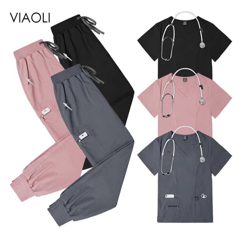 Nurse Uniforms Women Zipper Pocket Top Pants Set Elastic Breathable Scrub Hospital Nurse Work Clothes Jogger Scrub Set J251103