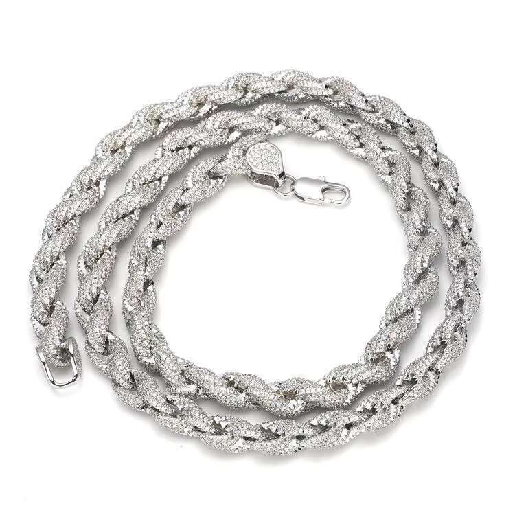 Full Iced Out Hip Hop Jewelry Moissanite Necklace Sterg Sier 8mm Twisted Dia Rope Chain