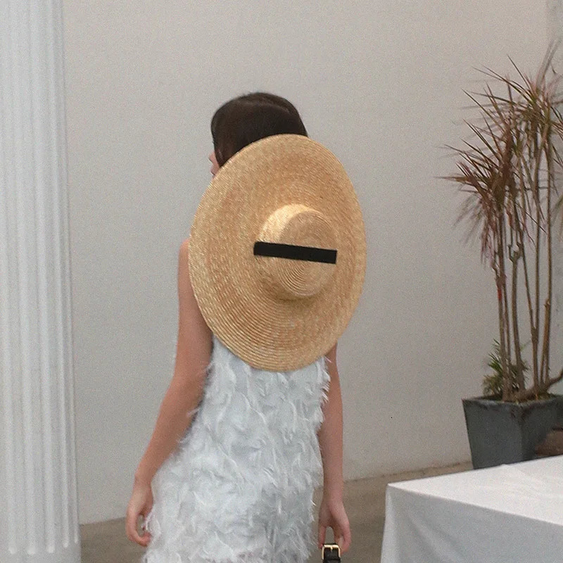 Wide Brim Boater Hat 19cm 15cm 10cm Brim Straw Hat Flat Women Summer Hat White Black Ribbon Tie Sun Hat Beach Cap 250402