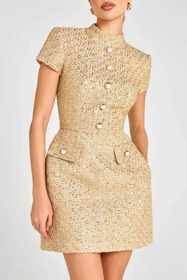 New Autumn Fashion Sexy Short Slve Standup Collar Party Solid Color Button Slim Fit Above KnMini Dress C251103