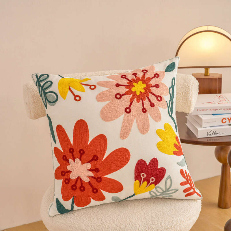 New Towel Embroidered Pillowcase Pastoral Style Canvas Sofa Pillow Home Bedside Bay Window Cushion Office Lumbar Support