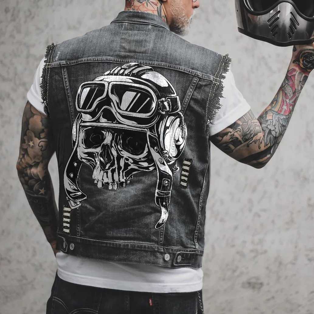 Mens Spring/Summer New Outdoor Cycling Motorcycle Punk Print Pattern Hollow Out Raw Edge Sleeveless Tank Top Denim Jacket X250403