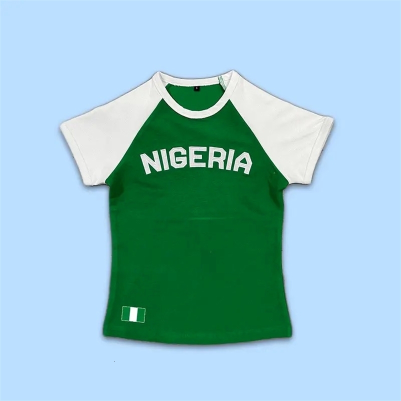 2025 Summer y2k Leisure Color Blocked Embroidered Nigeria Letter Green T-shirt trend Crop Top EMO 250402