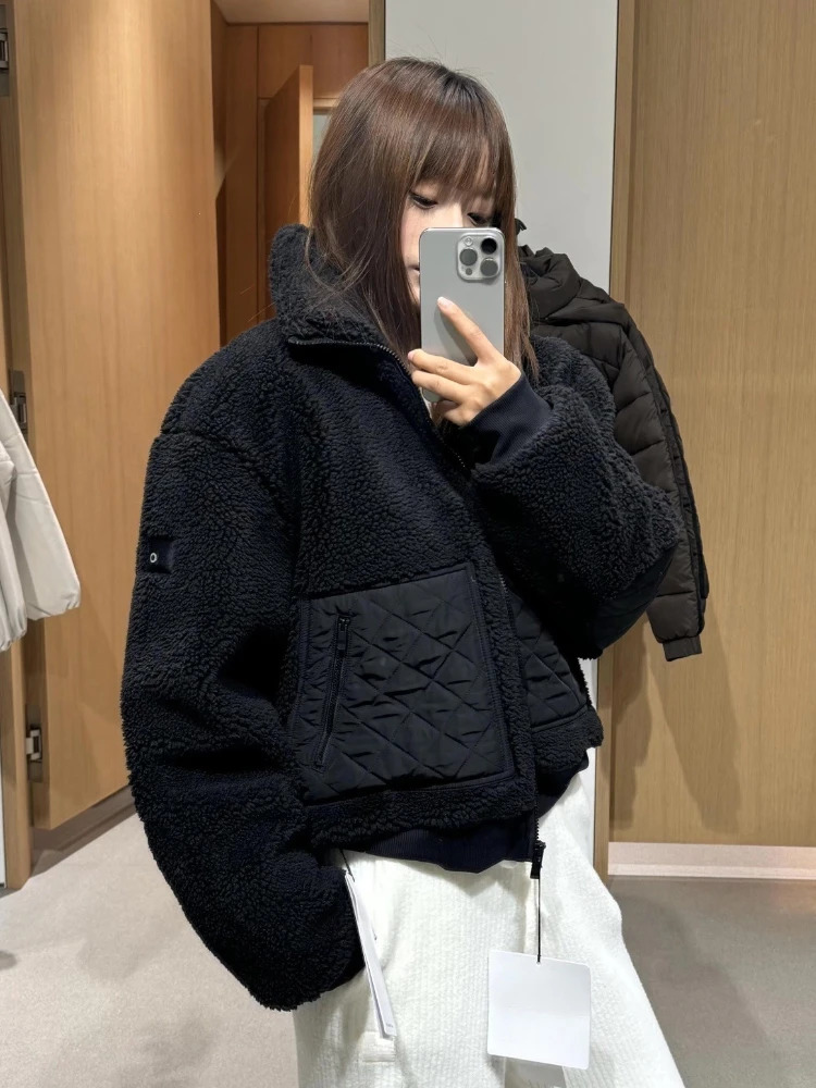 Autumn Thickened Warm Jacket Women Lamb Wool Spliced Short Casual Stand Up Collar Zipper Winter 251106