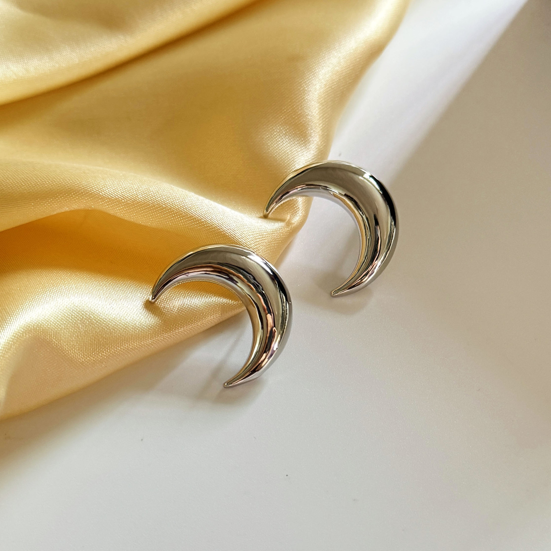 Silver Toned Moon Stud Earrings With Polished Minimalist Detail Delicate Daily Elegant Jewelry Gift For Her High Quality Stylish Accessory