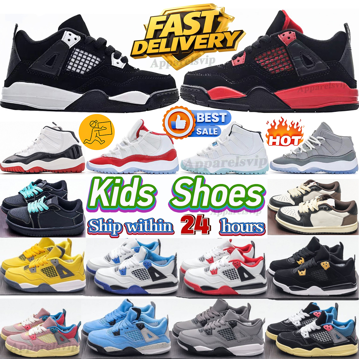 Kids Shoes 4s Basketball Shoes Black Cat Boys Girls Toddler Kid Running Shoe Designer shoes 1s 11s cool grey sneakers Bred Enfants Athletic Outdoor Sports Trainers