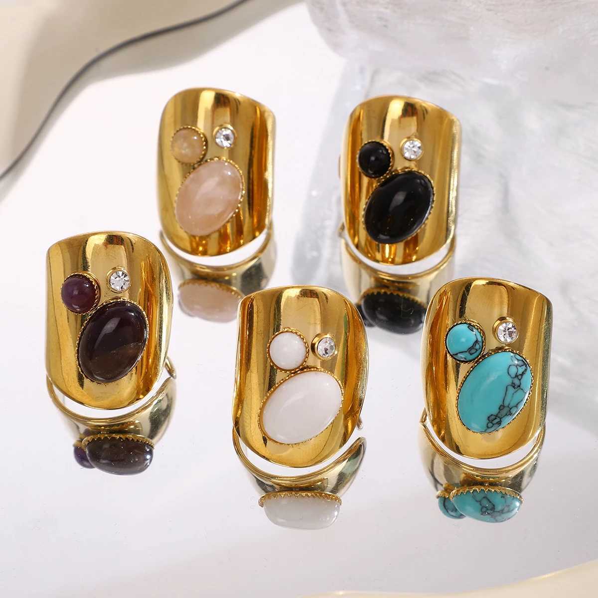 Retro Wide Stainless Steel Rings For Women Girls Vintage Boho Natural Stones Zircon Adjustable Wedding Engagement Ring Jewelry C251103