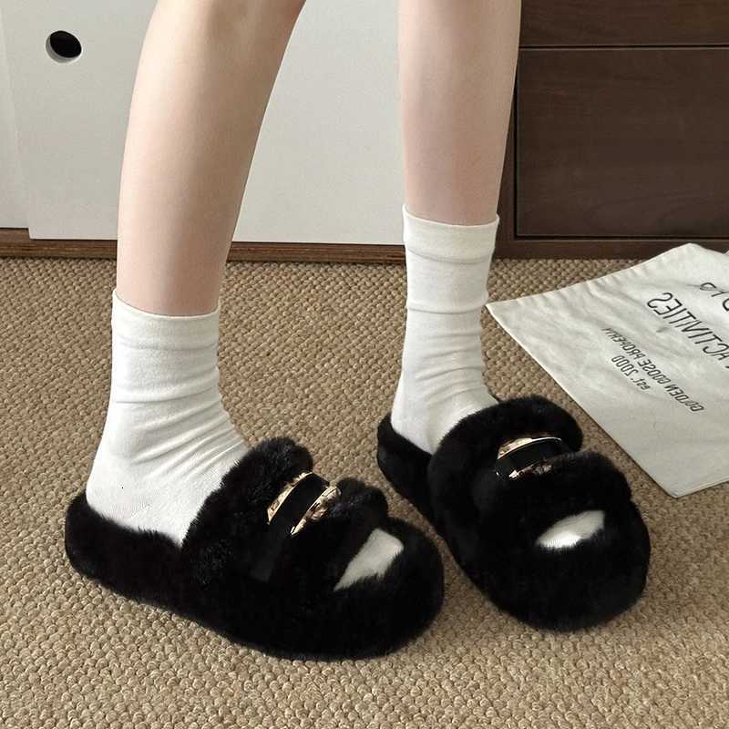 Wen Fur Slippers Flats Shoes Casual Short Plush Cozy Winter Open Toe Flip Flops 2025 New Fion Trend Slingback Slides Mujer Y251103