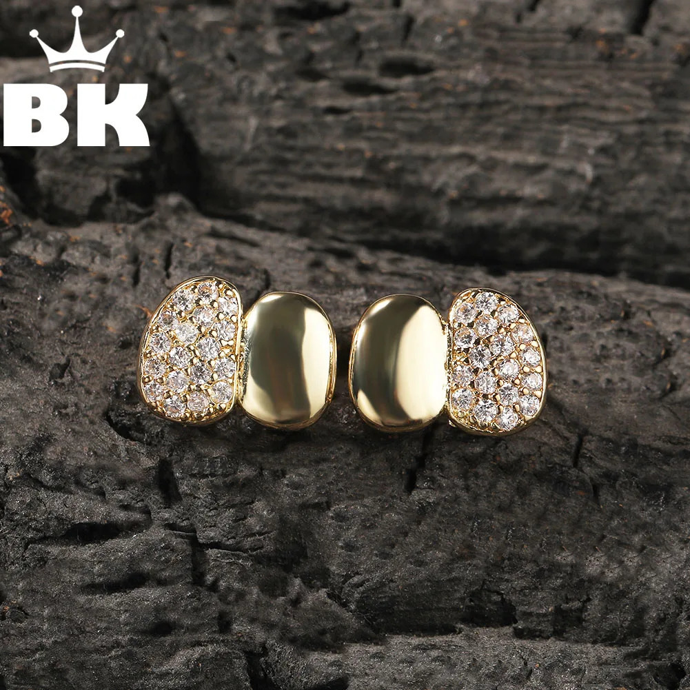 THE BLING KING Iced Out Double Cap Half CZ 14K Gold Plated Dental Grills Canine Plain Two Teeth Top Or Bottom 250402